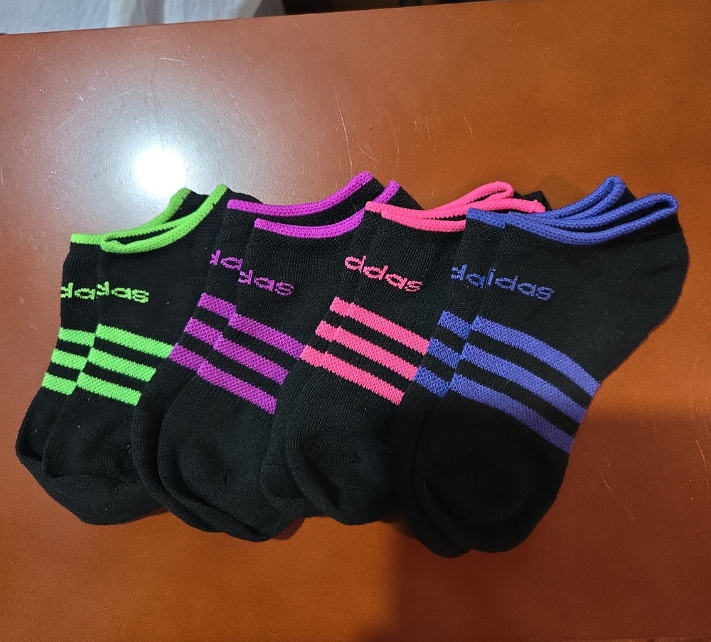 Adidas Womens Ankle Socks - Black with Green, Pink, Purple And Blue Accents